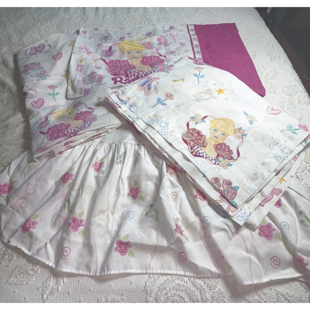 Barbie Twin Size Flat Sheet Skirt Curtain Panels Pillowcase VTG 1995 - Picture 1 of 16